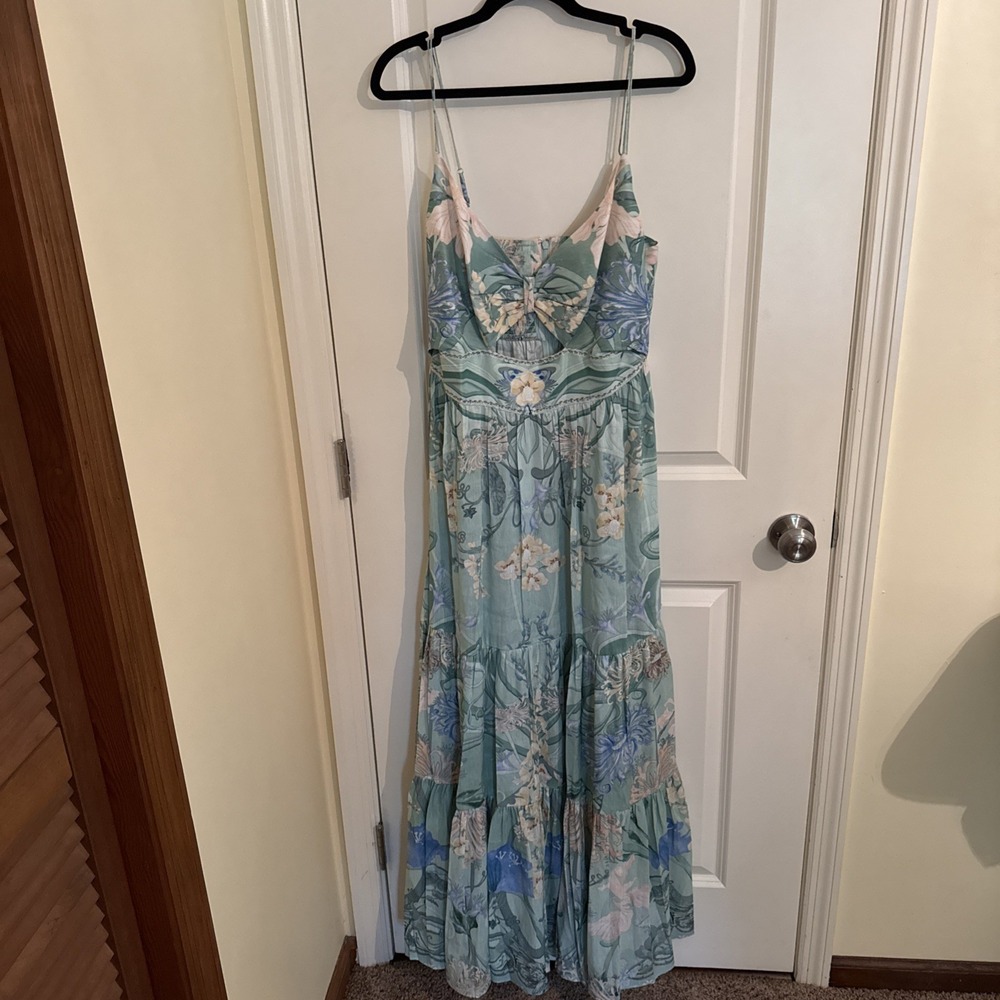 Camilla Mint Green Floral Maxi Dress with Blue and Cream Details - Picture 4 of 14